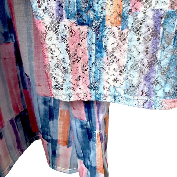 ALFRED DUNNER Top Plus Size 1X Pink Blue Brushstrokes 3/4 Lace Sleeve Tunic - Picture 6 of 7